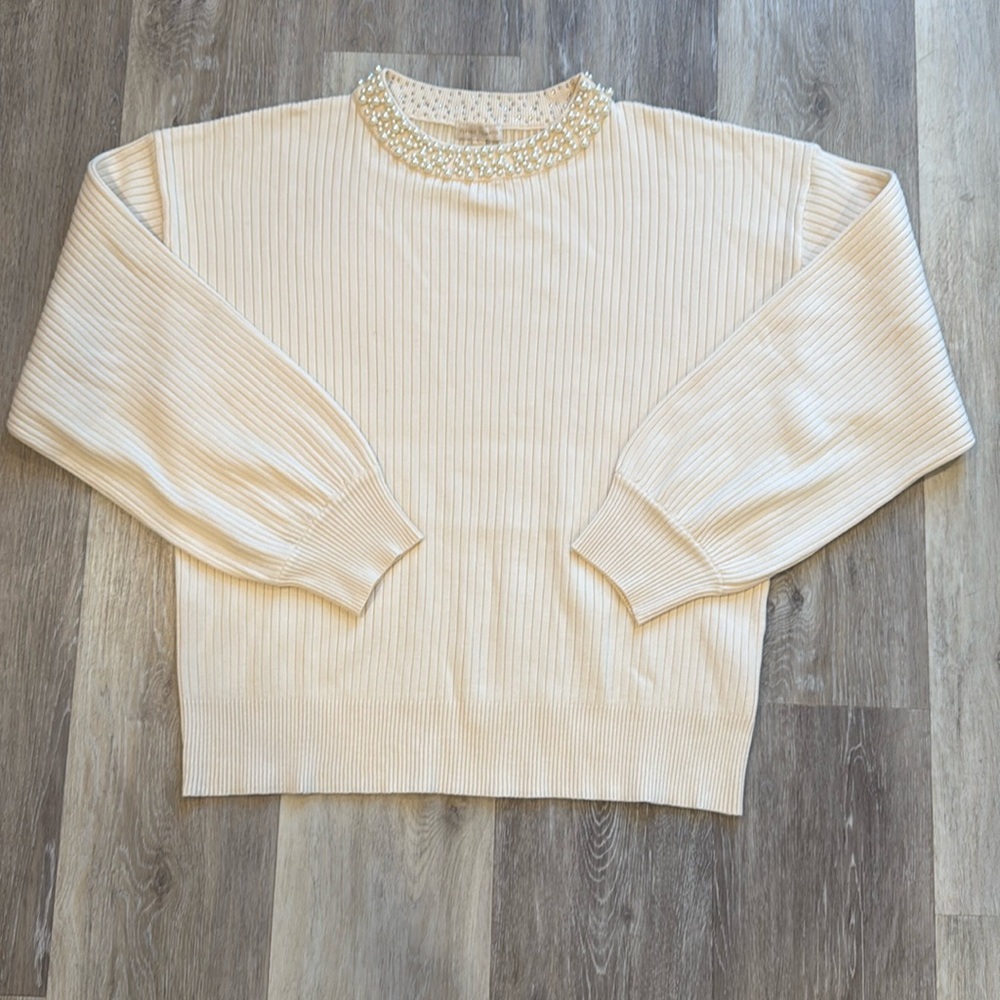 women’s cream sweater with pearl neckline size large